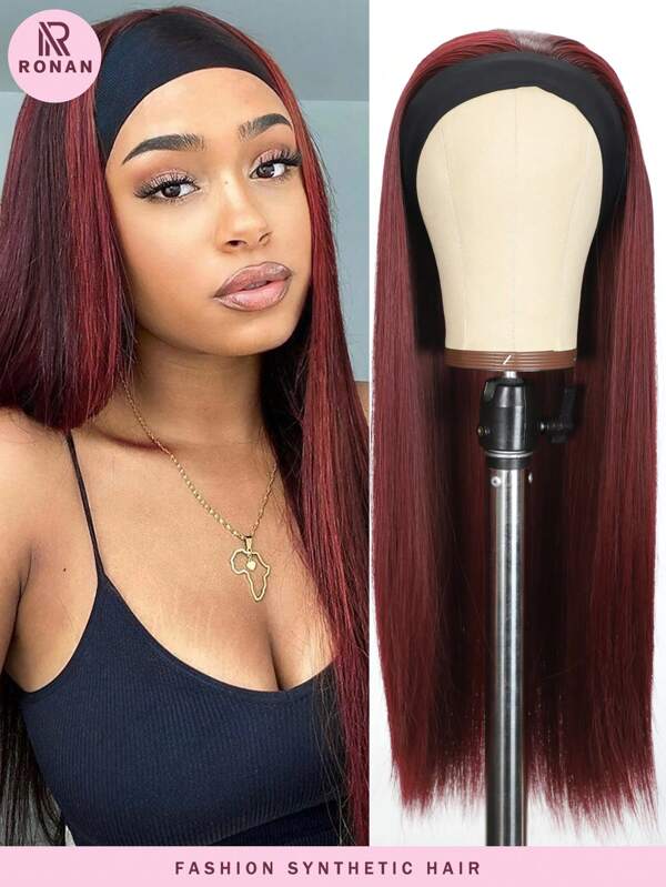 Peruca de faixa de cabeça longa e reta RONAN Claret de 26 polegadas para mulheres, peruca sintética com faixa de cabeça
