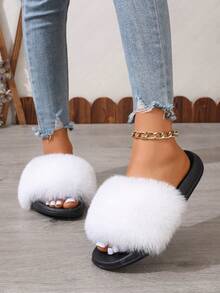 Women's Furry Colorful Solid Flat Beach Slippers With Anti-Slip Sole, Comfortable House Or Outdoor Sandals For Summer