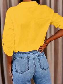 大码女装春夏优雅休闲纯色纽扣长袖上衣衬衫 - 黃色 - 查看 2