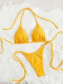 Conjunto de bikini de unicolor, con tirantes lindos, amarres en la espalda y rhinestones, al estilo europeo y americano, para la playa - Amarillo - Ver 2