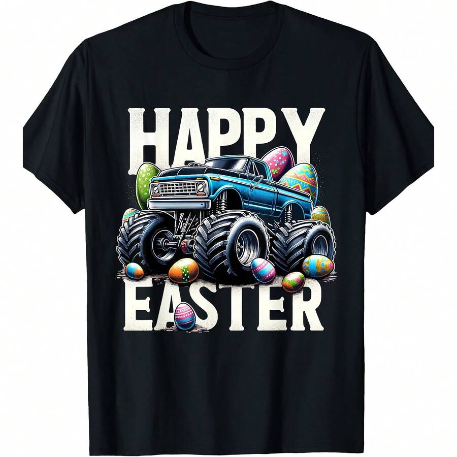 Happy Easter Monster Truck Easter Eggs Hunt  T-Shirt - Black - View 1