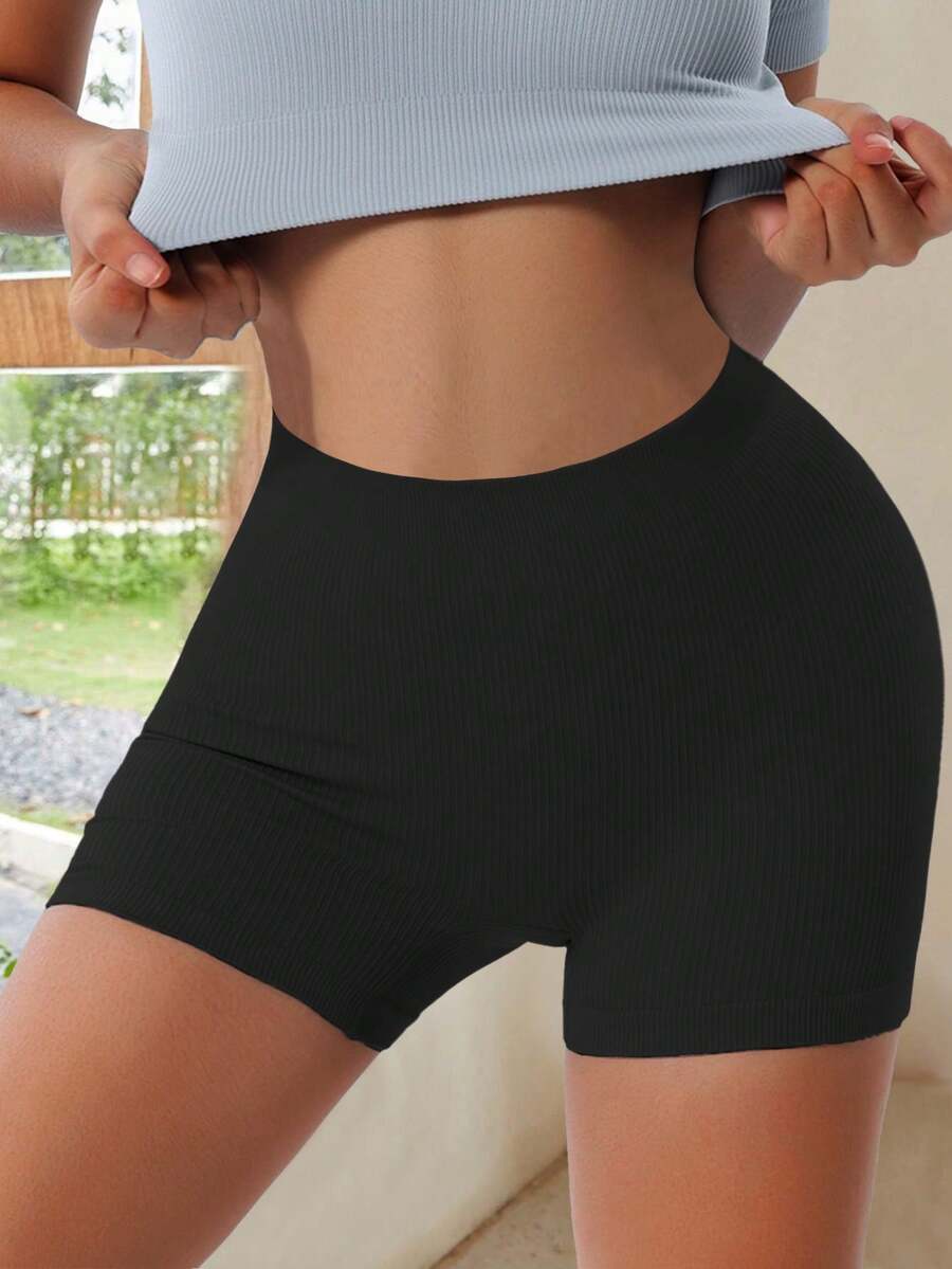 High Waist Breathable Stretchy Soft Seamless Briefs, Minimalist Design, Women's Ribbed Panties - Essential Everyday Underwear - Black - View 1