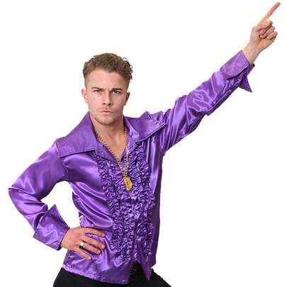Adults Purple Disco Shirt – 70s Fancy Dress Costume Top With Flared Collar – Retro Party Shirt For Men's Disco Nights, Tribute & Themed Events