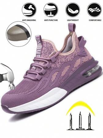 UMBURLLY Women's Steel Toe Shoes With Anti-Smashing Feature, Air Cushioned Sole And Breathable Fabric Upper In Light Purple For Work
