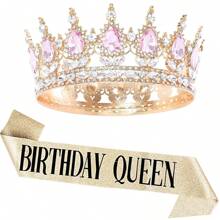 Kit de fiesta de cumpleaños con rhinestones, corona de oro tipo tiara, faja de "Reina de Cumpleaños" para mujeres, accesorios para el cabello de feliz cumpleaños, regalos para baile de promoción, decoraciones