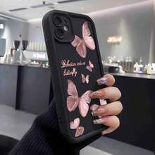 1 件淡粉色蝴蝶和英文文字可爱卡通创意简约美学设计磨砂黑色镜头框架阶梯式保护软手机壳兼容三星/Galaxy/OPPO/VIVO//Honor/Realme 手机防水防震防摔防刮 - 彩色 - 查看 2