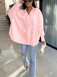 Camisa de botones con cuello de unicolor rosa para mujer talla grande, primavera - Rosa - Ver 4
