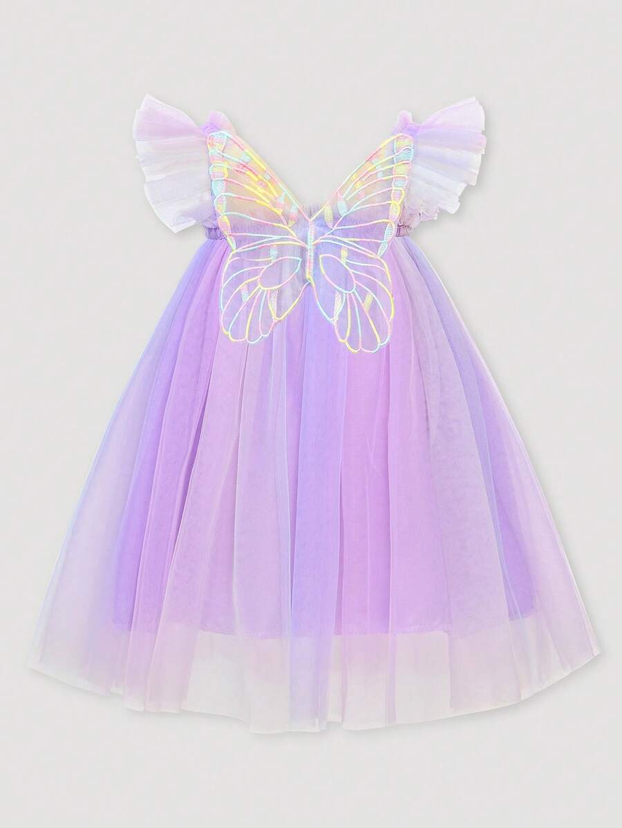 Young Girl Purple Butterfly Mesh Princess Dress - Multicolor - View 1