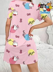 Sanrio Vestido de dormir casual de verano para mujer con cuello redondo y manga corta, estampado con Hello Kitty en color rosa