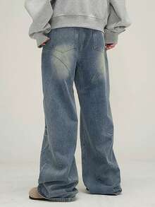 1pc Men's Casual Loose Fit Vintage Washed Patchwork Design Wide Leg Jeans Pants - Blue - View 5