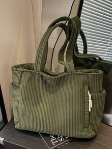 大容量时尚女士单肩托特包，柔软耐用的灯芯绒面料，配有侧袋和多个内部隔层，拉链开合，适合短途旅行、通勤和日常使用 - 彩色 - 查看 9