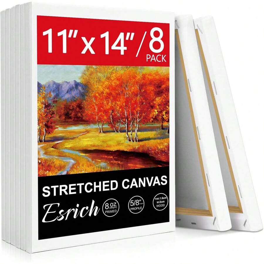 Canvas For Painting, 8 Pack Stretched Canvas 11x14, 5/8 In Profile Primed White Blank Canvases For Painting For Oil & Acrylic Paint.