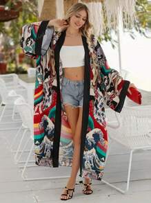 Kimono de manga larga con abertura delantera, estilo bohemio, de talla grande, con estampado vibrante, ligero y transparente como cubrebotas de playa, de tela de poliéster sin elástico, prenda exterior casual para mujer para vacaciones