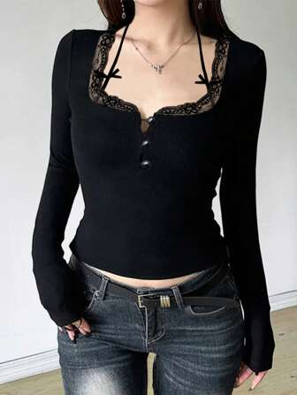 大码女式春夏纯色衬衫，性感方领纽扣吊带蕾丝拼布收腰百搭衬衫