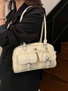 Women's Retro Solid Color PU Leather Shoulder Bag, Multi-Pocket Large Capacity, Comes With Detachable Pendant - White - View 6