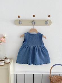Miniweenns 1pc Baby Girl Outdoor Versatile Casual Embroidered Denim Sleeveless Simple Dress - Blue - View 5