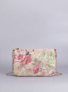 Bolsa Transversal com Bordado Lantejoulas e Corrente, Bolsa Transversal Bordada Floral Clássica Semicircular, Bolsa Jantar de Mulher com Contraste de Cores, Bordado de Lantejoulas e Zíper. Tipo de Bolsa Preferido, Bolsa Multiuso, Pode Ser Transversal, Corrente Dobrada Ao Meio Pode Ser de Ombro. (Posição do Padrão Cortada Aleatoriamente)