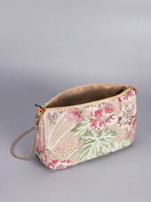 Bolsa Transversal com Bordado Lantejoulas e Corrente, Bolsa Transversal Bordada Floral Clássica Semicircular, Bolsa Jantar de Mulher com Contraste de Cores, Bordado de Lantejoulas e Zíper. Tipo de Bolsa Preferido, Bolsa Multiuso, Pode Ser Transversal, Corrente Dobrada Ao Meio Pode Ser de Ombro. (Posição do Padrão Cortada Aleatoriamente)