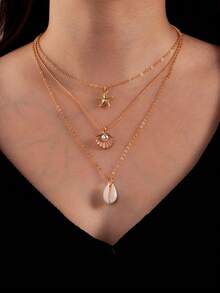 1pc Minimalist Shell & Starfish Pendant Necklace, Multilayered Women Summer Ocean Series Accessory - Yellow Gold - View 6