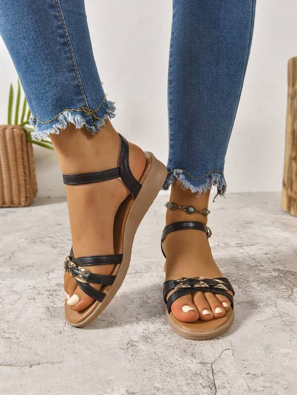 Women's Wedge Heel One-Buckle Criss-Cross Cutout Open Toe Thick Bottom Sandals
