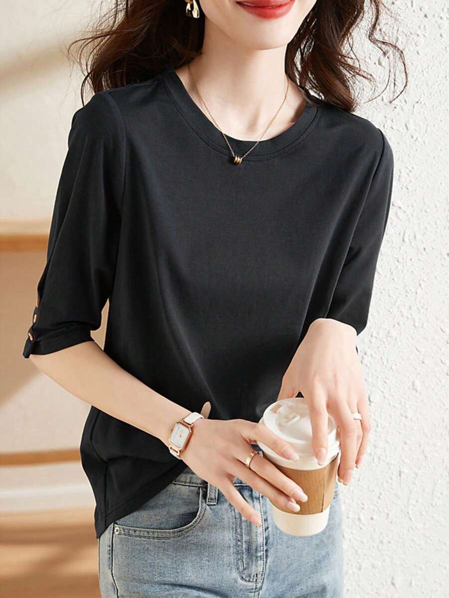 Blusa casual de mujer de manga media, camiseta de manga 3/4 con cuello redondo y efecto estilizante, de verano