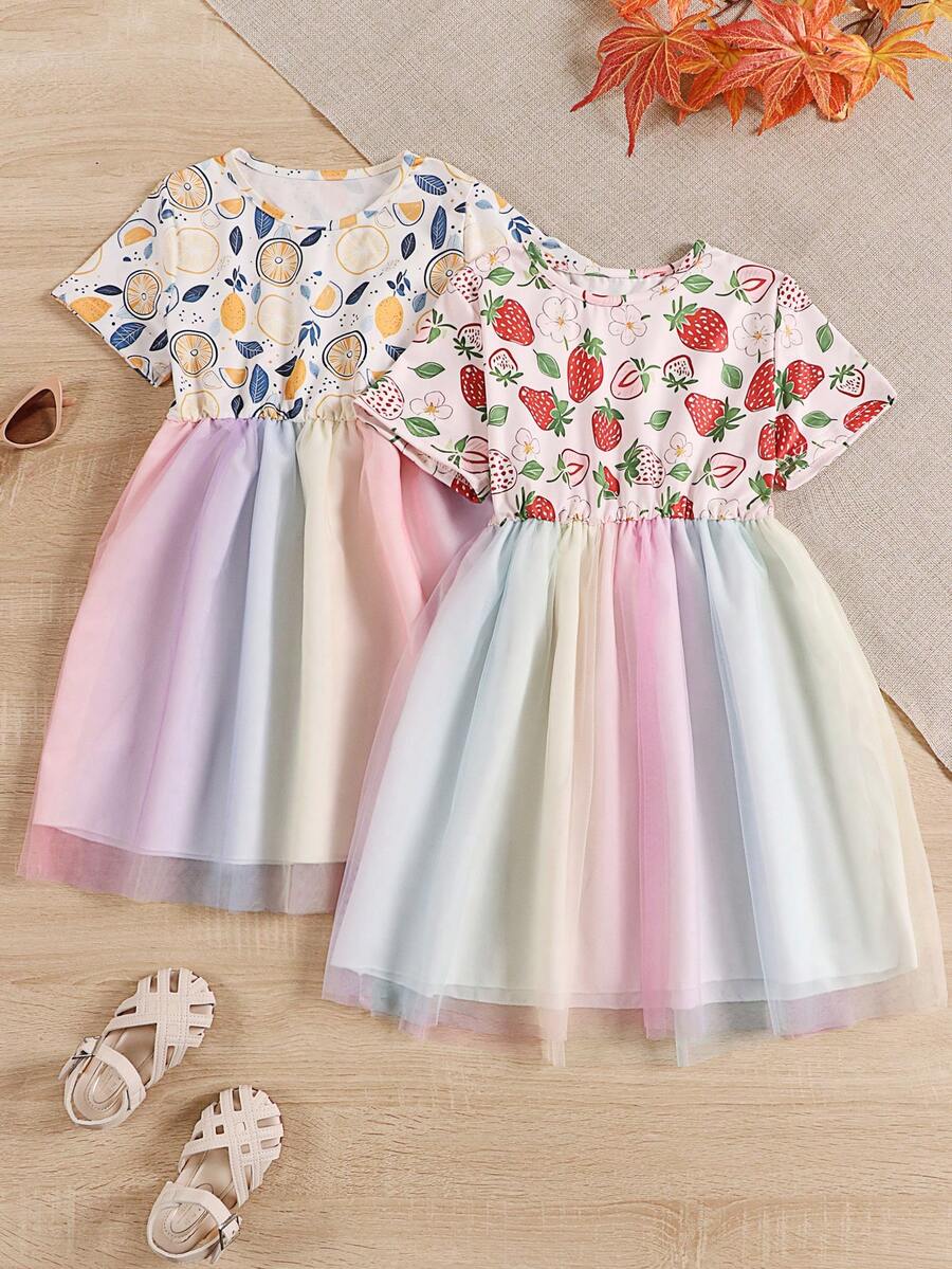 2pcs/Set Girls Dresses, Children Crew Neck Printed Mesh Summer Dress, Fashion For Toddler & Little Girls, Suitable For Spring/Summer