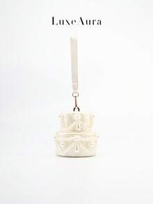 Bolso de tarta en forma de corazón con perlas acrílicas falsas elegante para mujeres, novedad, vacaciones y regalo, color blanco, adecuado para boda, novia, fiesta de boda, embrague de noche con textura de mármol