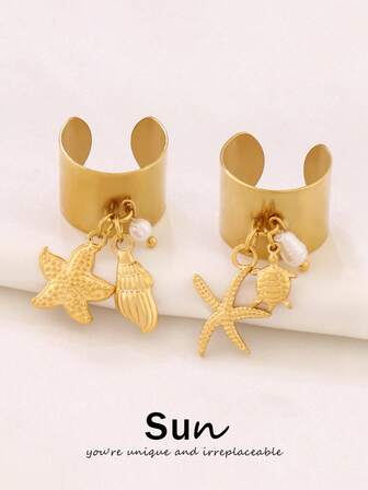 1pc Stainless Steel Starfish Conch Pendant Open Rings Fashion Gold Color Ocean Turtle Pearl Charms Round Rings For Women Jewelry Gift