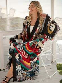 Kimono de manga larga con abertura delantera, estilo bohemio, de talla grande, con estampado vibrante, ligero y transparente como cubrebotas de playa, de tela de poliéster sin elástico, prenda exterior casual para mujer para vacaciones