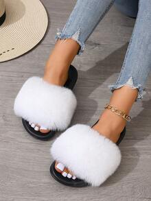 Women's Furry Colorful Solid Flat Beach Slippers With Anti-Slip Sole, Comfortable House Or Outdoor Sandals For Summer