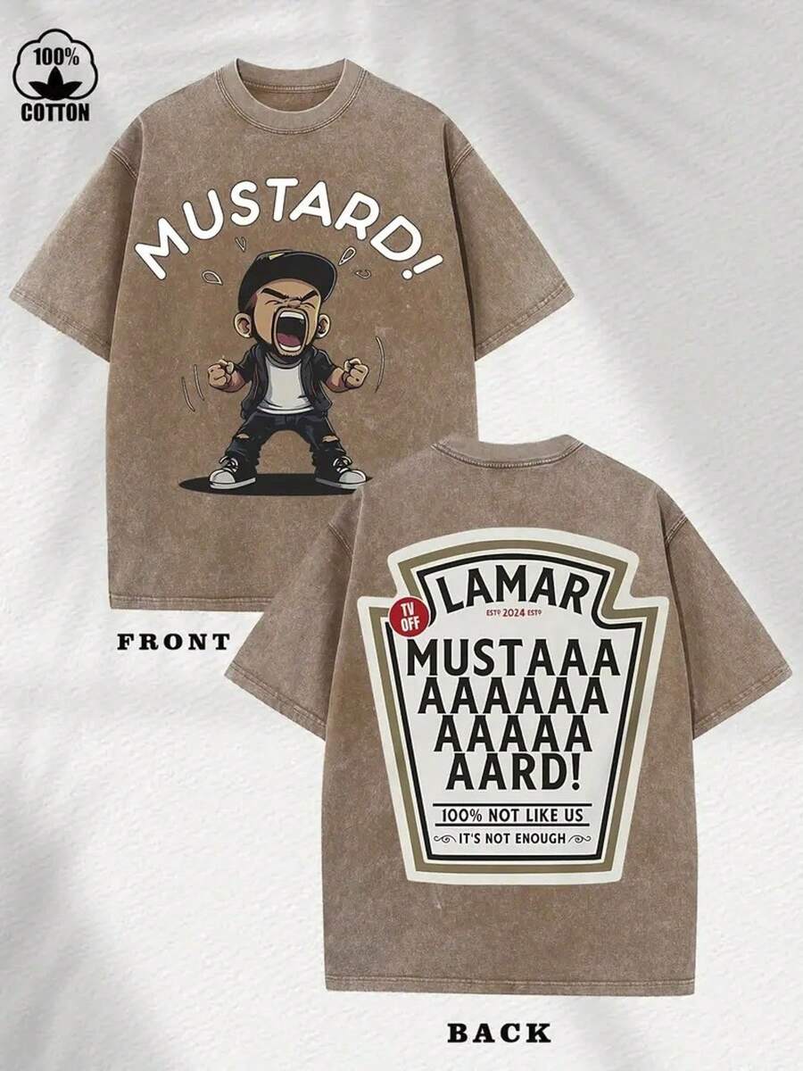 230G Double-Sided Washed, Mustard Printed T-Shirt, High-Quality Wax Printed Cotton Vintage Fashion Brand T-Shirt, Suitable For Summer T-Shirts With A Certain Thickness, Holiday Gift - 卡其色 - 查看 1