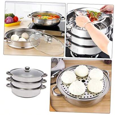 3-Tier 28CM Large Capacity Steamer Cooker Steam Pot Lids Household Vegetable Steamer Multi-Functional Soup Pot Kitchen Utensils