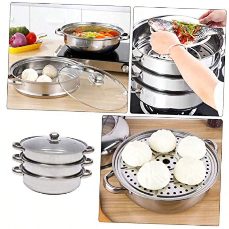 3-Tier 28CM Large Capacity Steamer Cooker Steam Pot Lids Household Vegetable Steamer Multi-Functional Soup Pot Kitchen Utensils - White - View 1