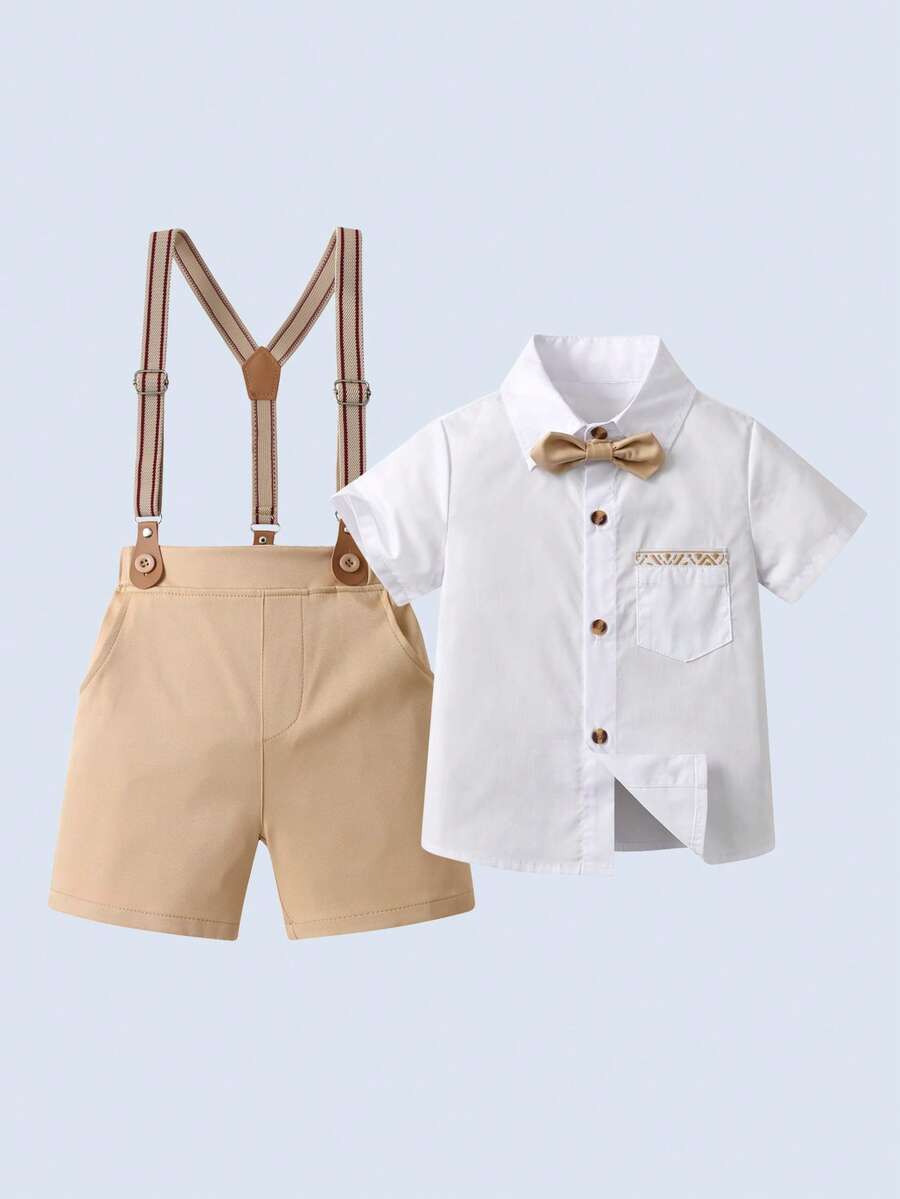 BOARNSEORL 2 件套年轻男孩绅士服装 - 白色蝴蝶结衬衫和卡其色吊带短裤,时尚正装,适合迎婴派对、生日派对、婚礼、戒指持有者 - 卡其色 - 查看 1
