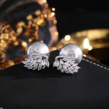 925 Sterling Silver Plated Swan Full Crystal Zirconia Pearl Stud Earrings, Luxury High-End Fashionable Earrings, Fine Silver Earrings, Fine Silver Studs, Panda Earrings, Women Earrings, Fashion Earrings, Elegant Studs, Party Accessories, Valentine's Day Gift, Eid Decorations, Everyday Wear, Romantic Date, Birthday Present - Light Grey - View 3