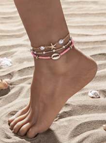 3-Piece Summer Beach Style Alloy Starfish Shell Stacked Beads Glass Material Women's Anklet Set