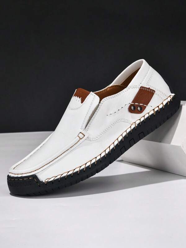 Men Handmade Leather Round Toe Flat Loafers, Summer White Slip-On Solid Color Driving Shoes, Casual Breathable Shoes For All Seasons, Comfortable Wear-Resistant Walking Flats Moccasins