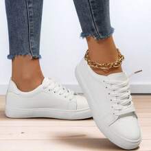 Plus Size Women White Sneakers, Fashion Casual Lace-Up Flat Shoes, Versatile School/Sports Shoes (Please Order One Size Up As The Shoes Run Small)