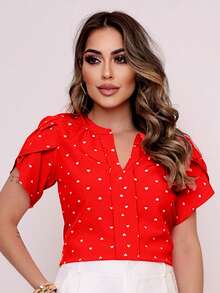 MARILYN MONNA New Women's Blouse Heart Print Petal Sleeve V-Neck Summer Beach - 紅色 - 查看 1