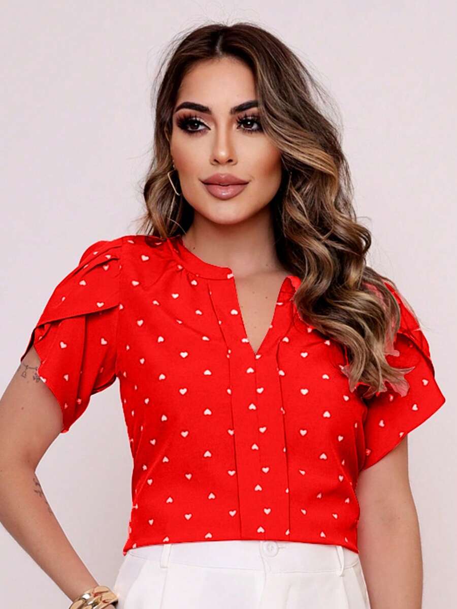 MARILYN MONNA New Women's Blouse Heart Print Petal Sleeve V-Neck Summer Beach - 紅色 - 查看 1