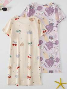 2pcs/Set Girls Summer Pajama Set: Cute Rabbit & Cherry Print Loose Knee-Length Round Neck T-Shirt Dress & Shorts - Multicolor - View 2