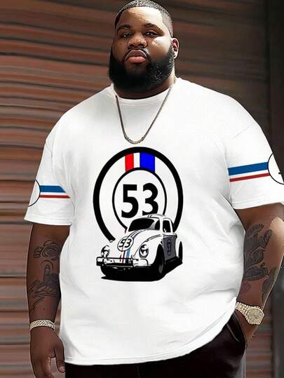 Camiseta casual con manga corta y estampado digital blanco talla grande para hombres, con números "53" y gráficos de autos, transpirable