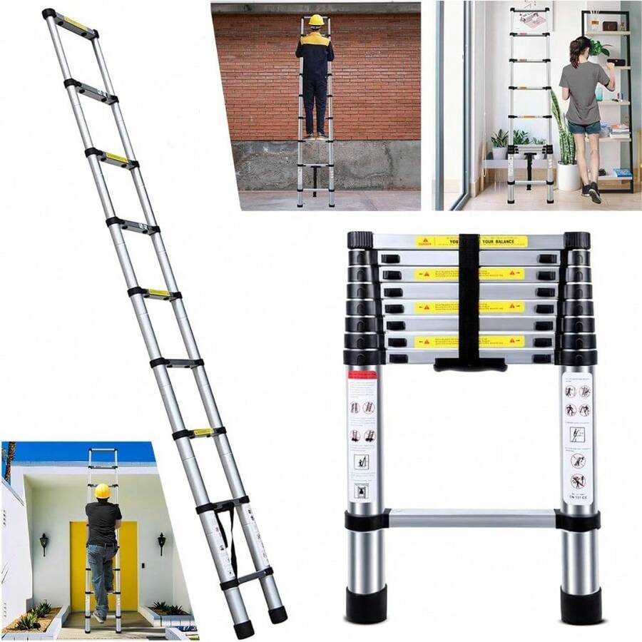 Escalera Plegables De Aluminio Resistente 2.6 Metros Escalera Recta De Aluminio 9 Escalones, Escalera Extensible Compacta y Portátil De Escalón Soporta 150 KG - Blanco - Ver 1