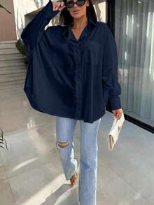 Plus Size Women's Solid Color Collared Button-Up Shirt Spring - Navy Blue - View 4