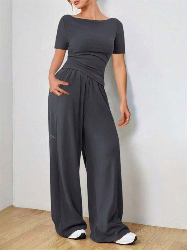 2pcs/Set Loose Women Palazzo Pants + Asymmetrical Hem Short Sleeve Top Set, Soft & Fashionable