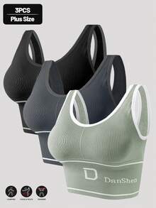 3pcs/Set Plus Size Women EssElegance Wireless Padded Sports Bra, Supportive High Elasticity Yoga & Running Bra - Multicolor - View 2