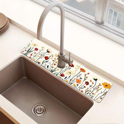 1 قطعة سجادة تجفيف أطباق ذات نمط زهري، سجادة مقاومة للرطوبة وللتصريف، مصنوعة من مادة بوليستر متينة، مناسبة للمطبخ والحمام، مع كوب شفط للحنفية، سجادة شفط رذاذ الحنفية في الحمام، ديكور مطبخ وطاولة للربيع والصيف