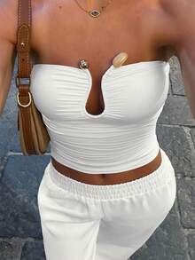 Áo crop top bó sát gợi cảm thanh lịch quyến rũ mùa hè cho nữ cỡ lớn màu trơn hở ngực hình chữ U khóa cài khóa giọt nước thiết kế khoét lỗ - trắng - Xem 1