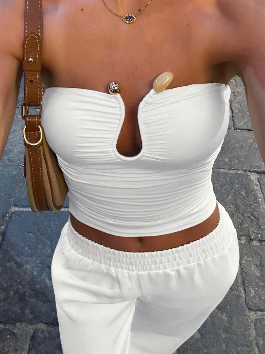 Áo crop top bó sát gợi cảm thanh lịch quyến rũ mùa hè cho nữ cỡ lớn màu trơn hở ngực hình chữ U khóa cài khóa giọt nước thiết kế khoét lỗ - trắng - Xem 1