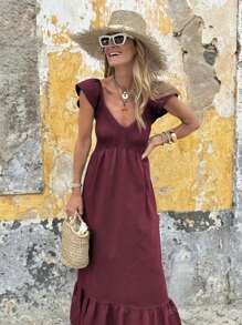 Vestido largo elegante de manga de vuelo con diseño elegante, vestido de verano cómodo y sencillo de unicolor para vacaciones, vestido casual de moda rojo para mujer